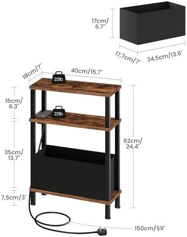 Slim Side Table with Charging Station, 3-Tier Narrow Side Table with Drawer, Skinny Bedside Table, End Table for Small Spaces, for Bedroom