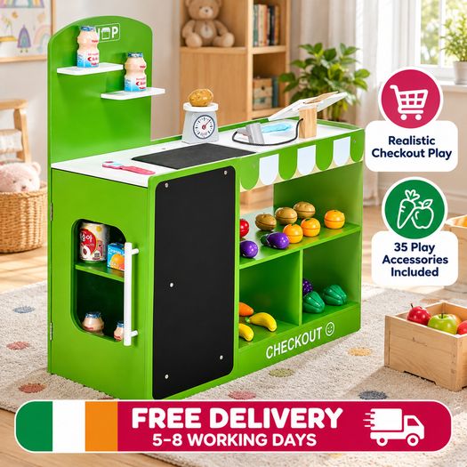 Kids Wooden Grocery Store Playset with Checkout Counter, Conveyor Belt and 35 Accessories