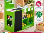 Kids Wooden Grocery Store Playset with Checkout Counter, Conveyor Belt and 35 Accessories