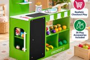 Kids Wooden Grocery Store Playset with Checkout Counter, Conveyor Belt and 35 Accessories