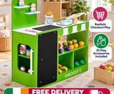 Kids Wooden Grocery Store Playset with Checkout Counter, Conveyor Belt and 35 Accessories