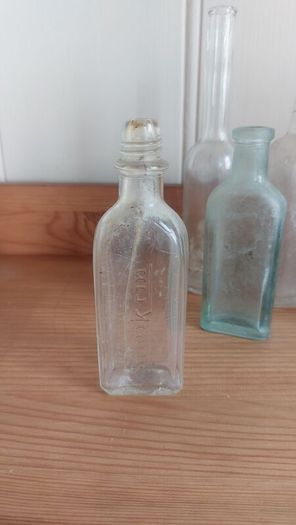 Fabulous Collection of Four Assorted Antique and Vintage Apothecary and Household Bottles in Clear Glass, Price for All Four, Not Splitting