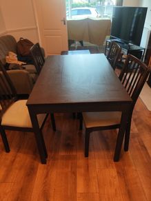 IKEA Extendable Dining Table (Black-Brown) & 4 Padded Chairs