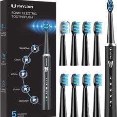 Electric Toothbrush for Adults and Kids - PHYLIAN H7 Rechargeable Whitening Toothbrush with 8 Duponts Brush Heads, 5 Modes, 3 Hours Fast Charge for 120 Days MULTIPLE COLOURS AVAILABLE (FREE POSTAGE)