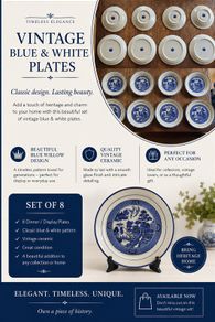 Vintage Blue & White Willow Pattern Plates, Set of 8 (4 plates,4 saucers)