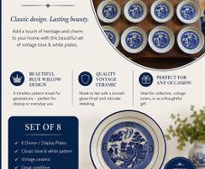 Vintage Blue & White Willow Pattern Plates, Set of 8 (4 plates,4 saucers)