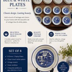 Vintage Blue & White Willow Pattern Plates, Set of 8 (4 plates,4 saucers)