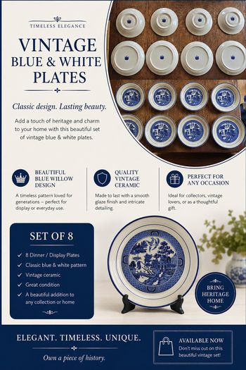 Vintage Blue & White Willow Pattern Plates, Set of 8 (4 plates,4 saucers)