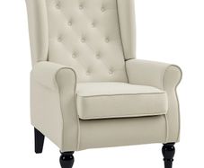 Wing Chair Relax Chair Armchair, Vintage Design, Button Tufting, Turned Legs, 74 cm x 86 cm x 102 cm, Cream White