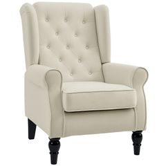 Wing Chair Relax Chair Armchair, Vintage Design, Button Tufting, Turned Legs, 74 cm x 86 cm x 102 cm, Cream White