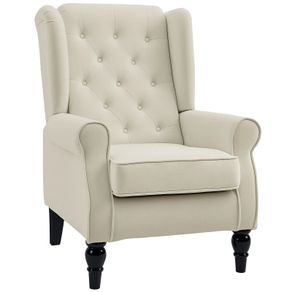 Wing Chair Relax Chair Armchair, Vintage Design, Button Tufting, Turned Legs, 74 cm x 86 cm x 102 cm, Cream White