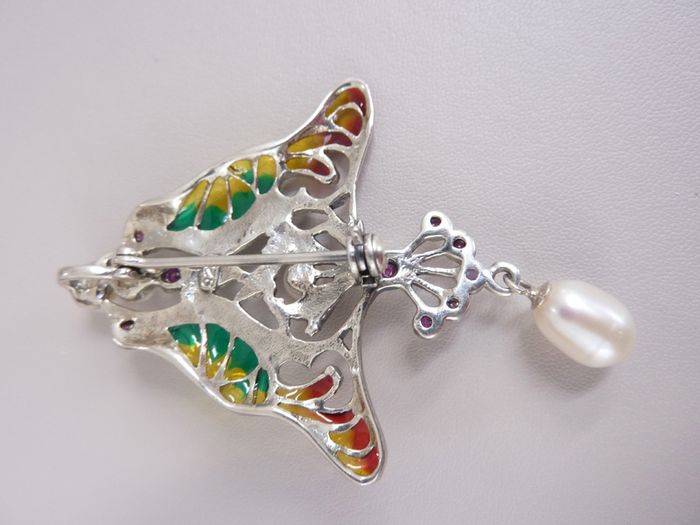 Sterling silver real ruby plique a jour enamel pendant