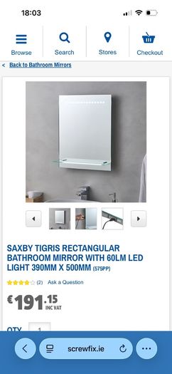 Saxby Tigris Rectangular Bathroom Mirror With 60lm Led Light 390mm X 500mm