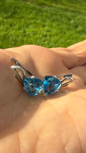 Handcrafted 925 Silver Earrings with Blue Trillion Stones