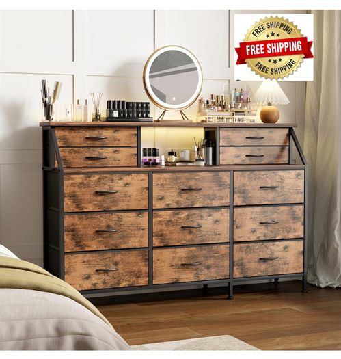 Dresser for Bedroom with 13 Drawers, 55 inchWide Chest of Drawers, Fabric Dresser with 2 Wooden Shelves, Storage Organizer Unit with Fabric Bins for Bedroom, Living Room, Hallway, Rustic Brown