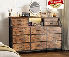 Dresser for Bedroom with 13 Drawers, 55 inchWide Chest of Drawers, Fabric Dresser with 2 Wooden Shelves, Storage Organizer Unit with Fabric Bins for Bedroom, Living Room, Hallway, Rustic Brown