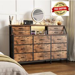 Dresser for Bedroom with 13 Drawers, 55 inchWide Chest of Drawers, Fabric Dresser with 2 Wooden Shelves, Storage Organizer Unit with Fabric Bins for Bedroom, Living Room, Hallway, Rustic Brown