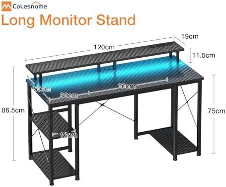 120x50 cm Gaming Desk with LED Lights, Computer Desk with Shelves, Office Desks with Monitor Stand, Carbon Fiber Black