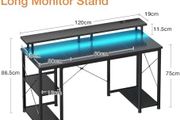 120x50 cm Gaming Desk with LED Lights, Computer Desk with Shelves, Office Desks with Monitor Stand, Carbon Fiber Black