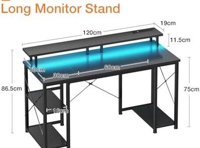 120x50 cm Gaming Desk with LED Lights, Computer Desk with Shelves, Office Desks with Monitor Stand, Carbon Fiber Black