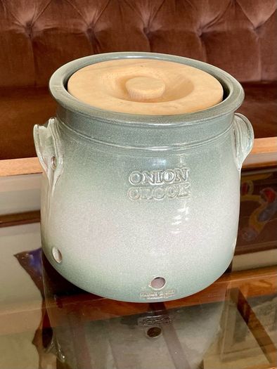 Handcrafted Kiltrea Bridge Pottery Stoneware Onion Crock Smooth Sage Green Glaze Embossed Onion Crock