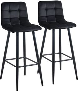 _Bar Stools Set of 2 Velvet Bar Stools Bistro Stools with Metal Footrest, Bar Chair for Bar, Counter and Home (Black)