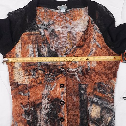 Legatte Jeans Vintage Y2K Grunge Brown Black Abstract Sheer Mesh Flared Sleeve Button Up Shirt Top 14UK/42EU