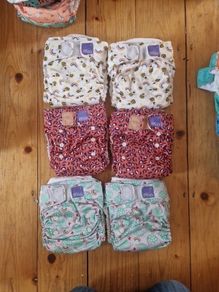 10 bambino mio cloth nappies from birth to 2 years. Velcro fastening, 12 x cloth inserts . All used but plenty of life left. Nappy bag in perfect condition.