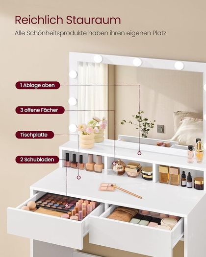 LED Dressing Table with LED Lighting, Vanity Table with Mirror, Adjustable Brightness, 2 Drawers and 3 Open Compartments