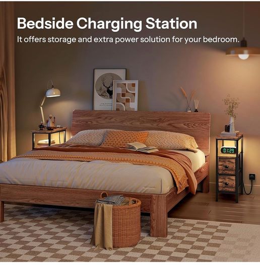 Slim Bedside Table with Charging Station, Narrow Side Table with LED Lights and 2 Fabric Drawers, Nightstand for Small Space, Bedroom, Living Room, Rustic Brown and Black
