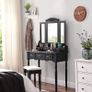 Dressing Table with 7 Drawers, Dressing Table with Padded Stool, 3-Piece Folding Mirror with Chain Hook, 4 Open Compartments, 2 Narrow Compartments for Brushes, Wooden Legs, Black Image 2