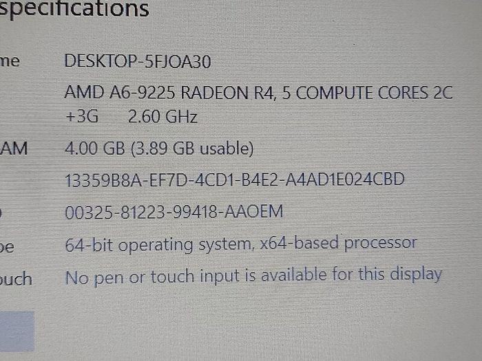 HP 15.6 inch Laptop, Model 15-db0521sa, AMD A6-9225 Radeon R4, 5 Compute Cores 2C + 3G, 2.6GHz, 4GB Ram, windows 10, Microsoft Edge, Chrome and VLC