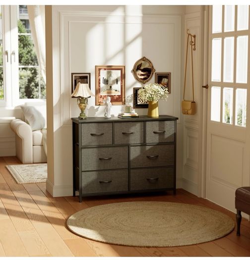 Chest of Drawers for Bedroom with 7 Drawers, Fabric Storage Drawer, Tall Black Hallway Storage Unit