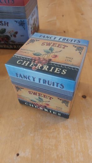 Fabulous Set of Four Graduated Stackable Nesting Storage Boxes by Quality Manufacturer Bob's Boxes/Lang Paper Co. with "Fancy Fruits" Artwork by Kimberly Poloson