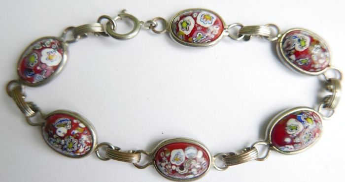 Vintage Glass Millefiori Red Italian Link Bracelet length 8"