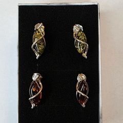 Sterling Silver Amber Drop Earrings Elegant Twisted Design