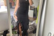 Black Strapless Ruched Maxi Dress with Cascading Ruffle Slit