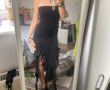 Black Strapless Ruched Maxi Dress with Cascading Ruffle Slit