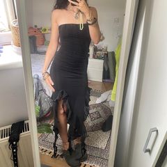 Black Strapless Ruched Maxi Dress with Cascading Ruffle Slit