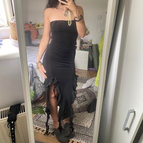 Black Strapless Ruched Maxi Dress with Cascading Ruffle Slit