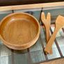 Mid Century Honey Teak Turned Medium Salad Bowl and Servers by Retos Shannon Image 6