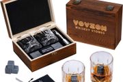 Whiskey Stones and Glasses Gift Set for Men 8 Whisky Scotch Bourbon Chilling Stones, 2 Whiskey Glasses in Wooden Box  Father's Day/Christmas/Birthday Gift/Present for Father Dad Boyfriend (FREE POSTAGE)