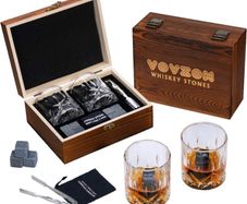 Whiskey Stones and Glasses Gift Set for Men 8 Whisky Scotch Bourbon Chilling Stones, 2 Whiskey Glasses in Wooden Box  Father's Day/Christmas/Birthday Gift/Present for Father Dad Boyfriend (FREE POSTAGE)