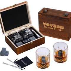 Whiskey Stones and Glasses Gift Set for Men 8 Whisky Scotch Bourbon Chilling Stones, 2 Whiskey Glasses in Wooden Box  Father's Day/Christmas/Birthday Gift/Present for Father Dad Boyfriend (FREE POSTAGE)