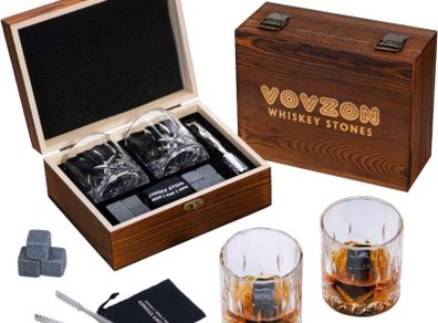 Whiskey Stones and Glasses Gift Set for Men 8 Whisky Scotch Bourbon Chilling Stones, 2 Whiskey Glasses in Wooden Box  Father's Day/Christmas/Birthday Gift/Present for Father Dad Boyfriend (FREE POSTAGE)