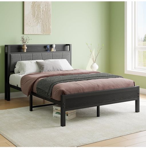 Double Bed Frames with Wooden Storage Headboard,Heavy Duty Metal Upholstered Platform Bed Frame