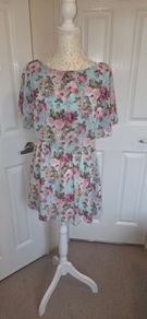 Beauty Angel Mint Floral Boho Tea Dress Chiffon Overlay Size M/L
