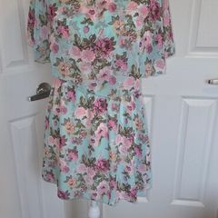 Beauty Angel Mint Floral Boho Tea Dress Chiffon Overlay Size M/L