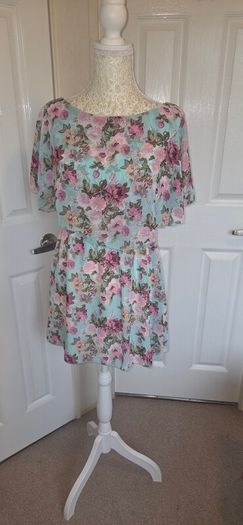 Beauty Angel Mint Floral Boho Tea Dress Chiffon Overlay Size M/L