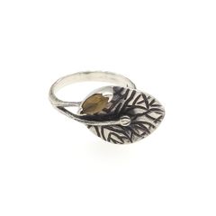Vintage 925 Sterling Silver & Smoky Quartz Leaf Ring